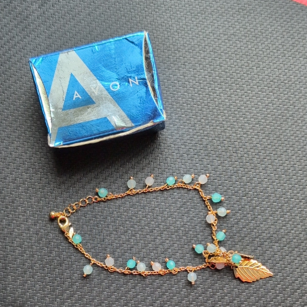 Avon Gold Ankle Bracelet with Turquoise and White Charms
